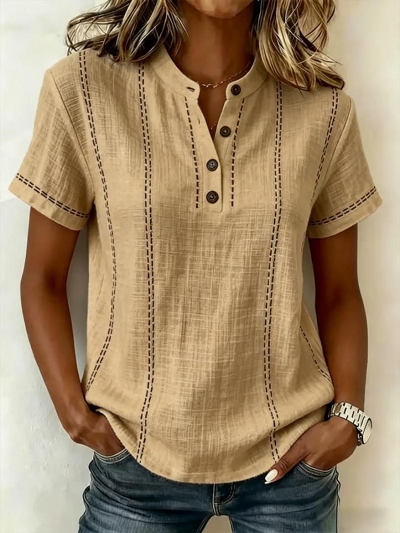 Women's Clothing Printed Button-Up Short Sleeve Shirt Casual Stand Collar Top Loose Fit Summer Fashion_ecoleips.com