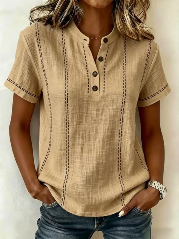 Women's Clothing Printed Button-Up Short Sleeve Shirt Casual Stand Collar Top Loose Fit Summer Fashion_ecoleips.com