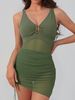Black Mesh One-Piece Swimsuit With Skirt 2 Piece Set Women V Neck Gold Buckle Tummy Control Bathing Suit Summer Beachwear_ecoleips.com