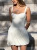 Absobe Women's Spaghetti Strap Puffy Mini Dress Backless V-neck Solid Slim Pleated Bud A-Line Short Dress Birthday Partywear_ecoleips.com