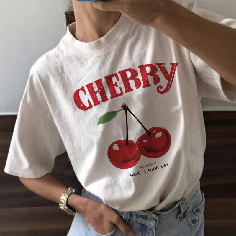 Women's Clothing Cherry Print Versatile Short Sleeved T-Shirts_ecoleips.com