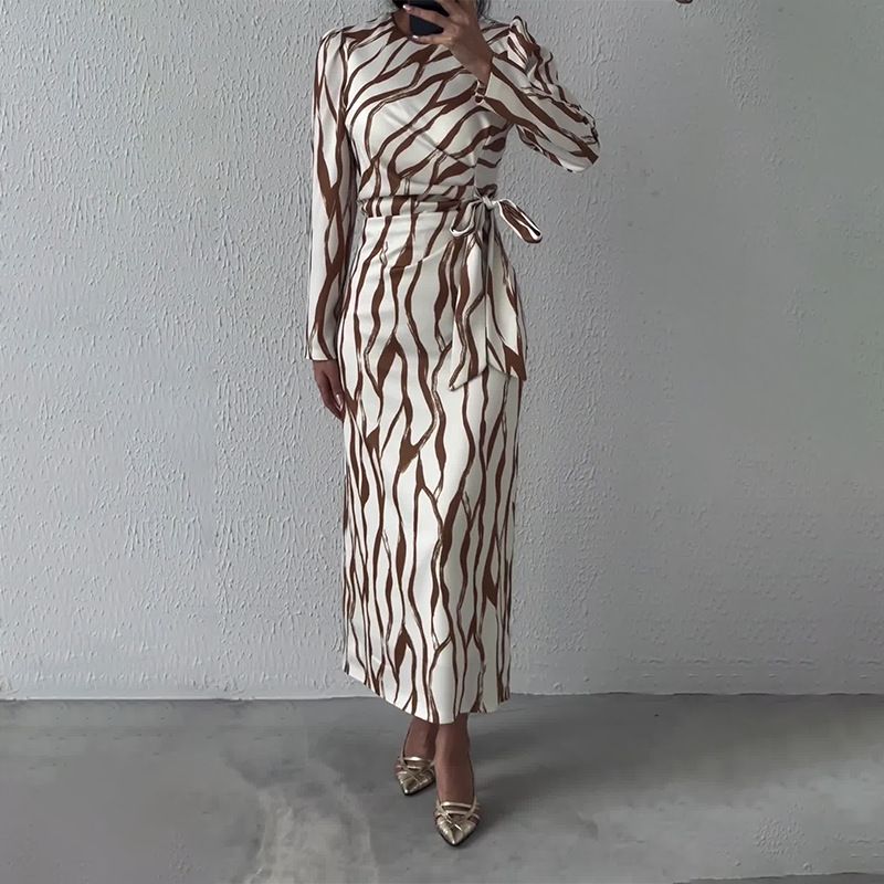 Women's Clothing Autumn Round Neck Graffiti Long Sleeved Striped Lace Up Slimming Dress_ecoleips.com