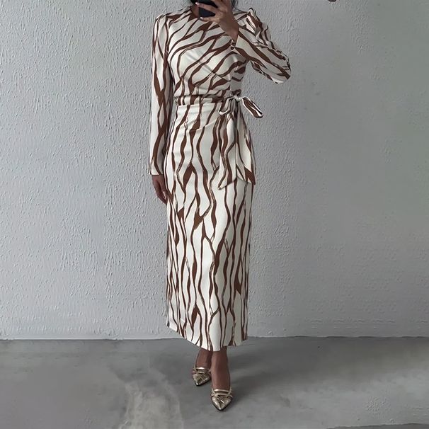 Women's Clothing Autumn Round Neck Graffiti Long Sleeved Striped Lace Up Slimming Dress_ecoleips.com
