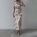Women's Clothing Autumn Round Neck Graffiti Long Sleeved Striped Lace Up Slimming Dress_ecoleips.com