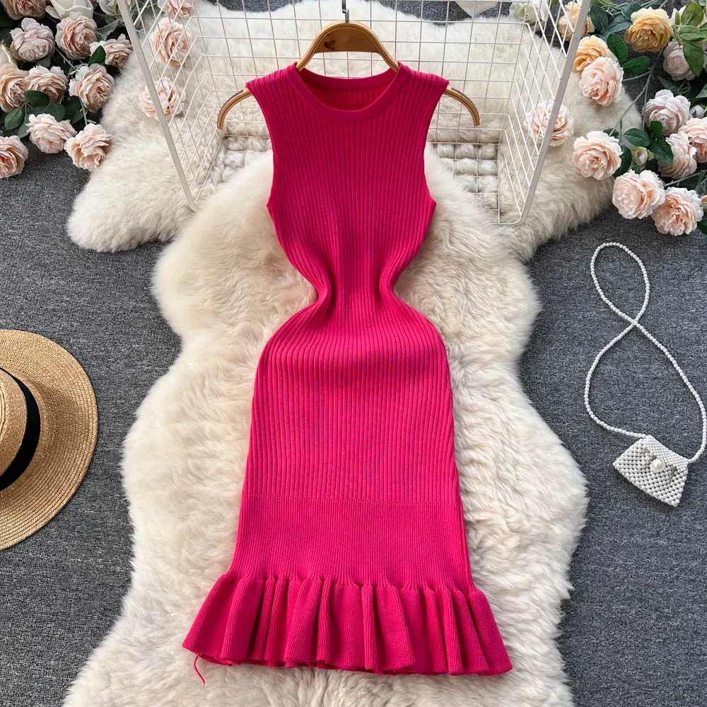 Summer Knitted Bodycon Sexy Dress 2026 O Neck Sleeveless Ruffled Party Sundress High Street Elastic Slim Short Dress_ecoleips.com