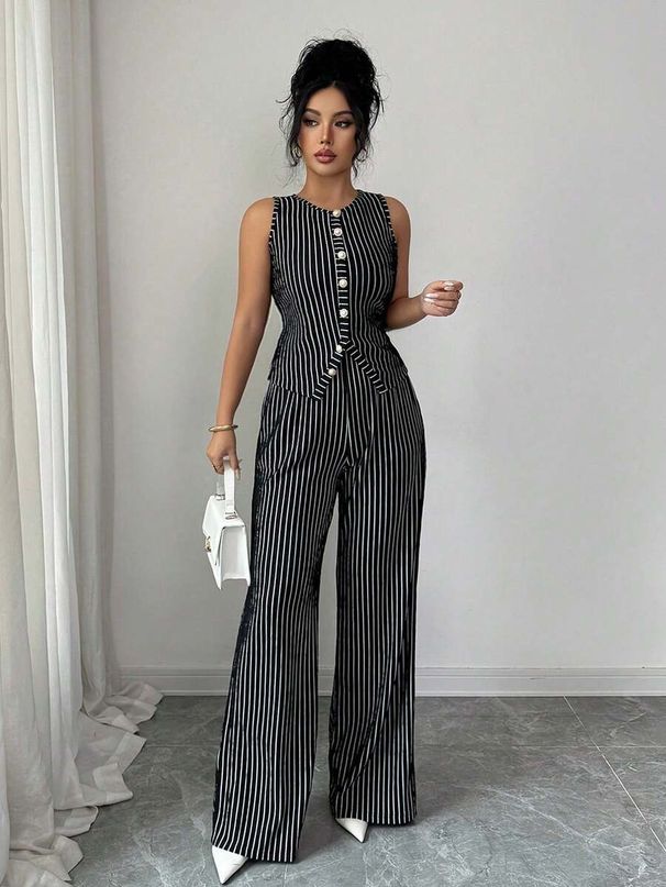Professional Two Piece Suit for Women OL Style Slimming High Waisted Wide Leg Long Sleeveless Top Spring Autumn Outings_ecoleips.com