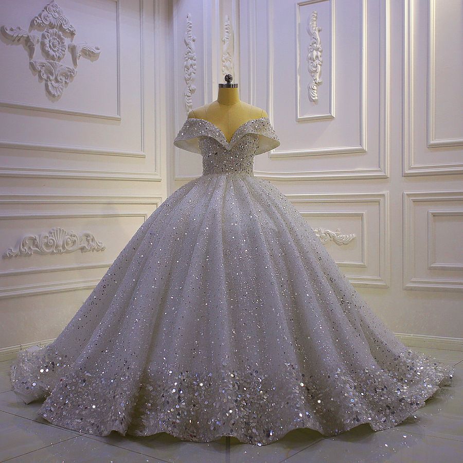 Main Wedding Dress New Large Size Off Shoulder Sequined Lace Palace Style Heavy Industry Sexy Wedding Dress_ecoleips.com