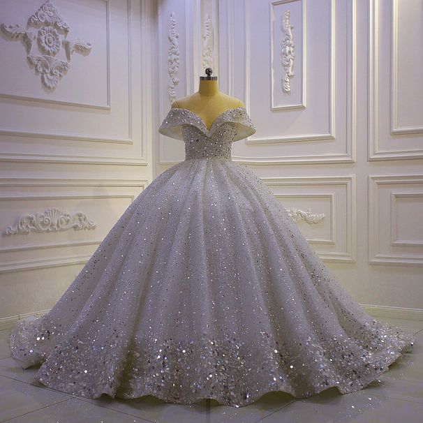 Main Wedding Dress New Large Size Off Shoulder Sequined Lace Palace Style Heavy Industry Sexy Wedding Dress_ecoleips.com