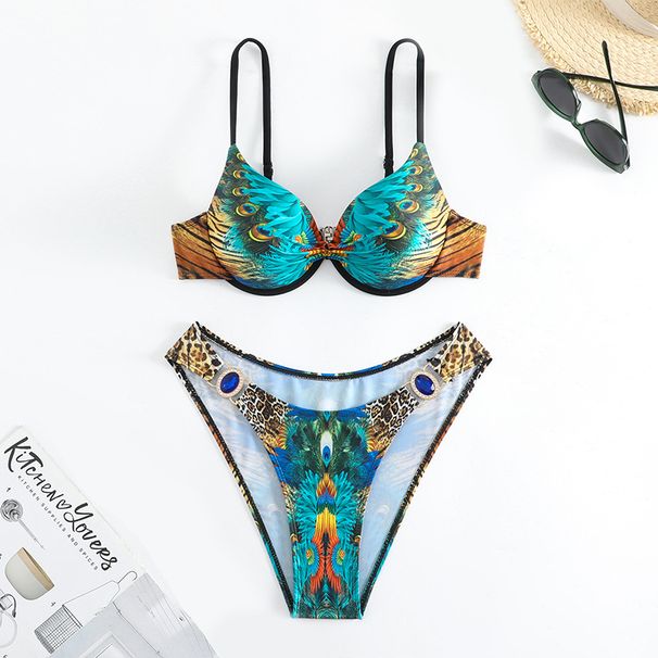 Women's Clothing Printed Steel Plate Gathered Split Swimsuit Triangle Backless Sexy Beach Bikini_ecoleips.com