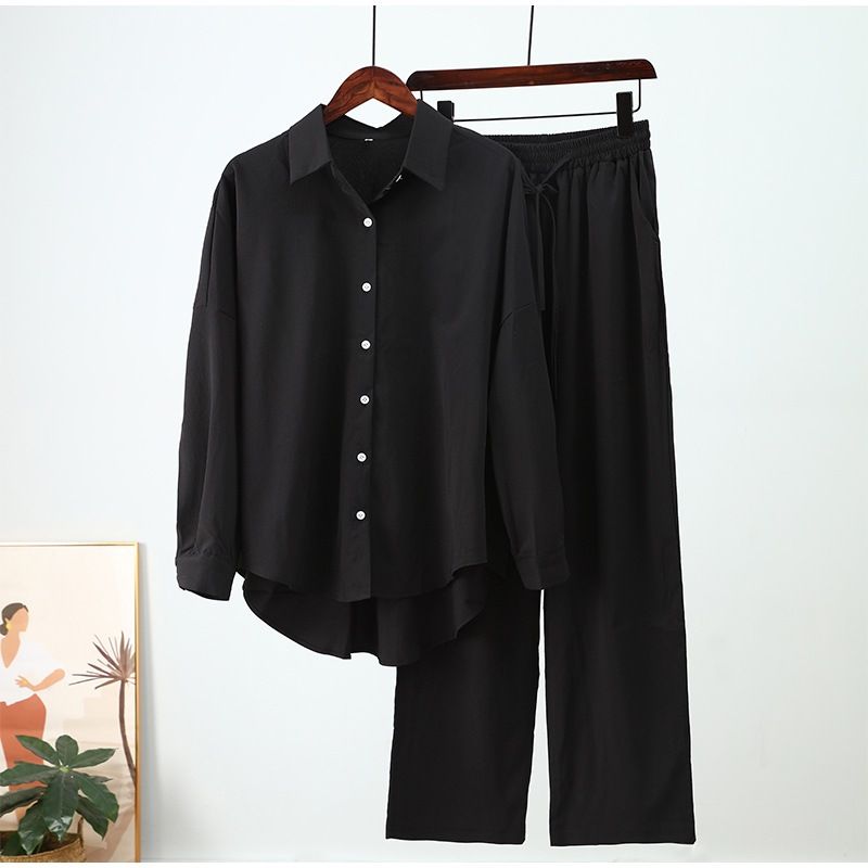 Fashion 2 Piece Set Loose Wide Leg Pants Long Sleeved Shirt Casual Suit For Women Autumn Winter New_ecoleips.com