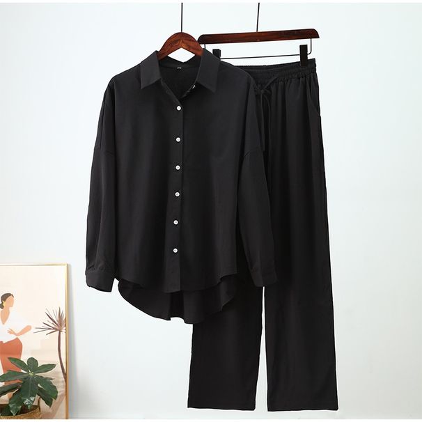 Fashion 2 Piece Set Loose Wide Leg Pants Long Sleeved Shirt Casual Suit For Women Autumn Winter New_ecoleips.com