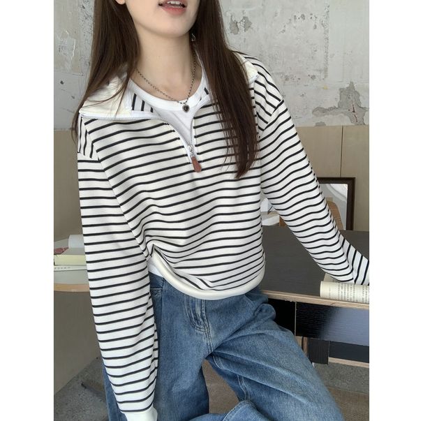 European And American Style Polo Collar Sweatshirt For Women, Half-zip Short Autumn Jacket, Striped Long-sleeve Pullover_ecoleips.com