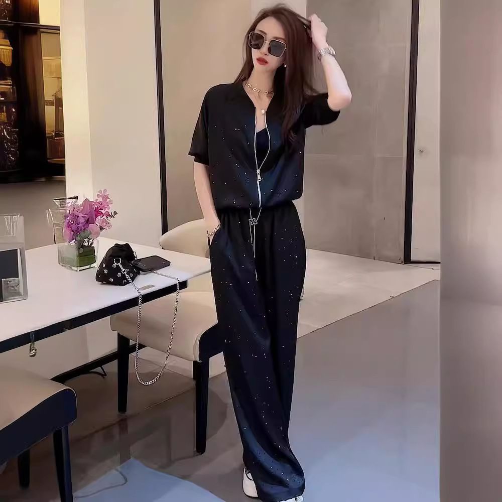 Black Zipper Elegant Thin Cardigan Slimming Short Sleeve Two-Piece Set Women's Clothing 2025 Spring Summer Complete_ecoleips.com