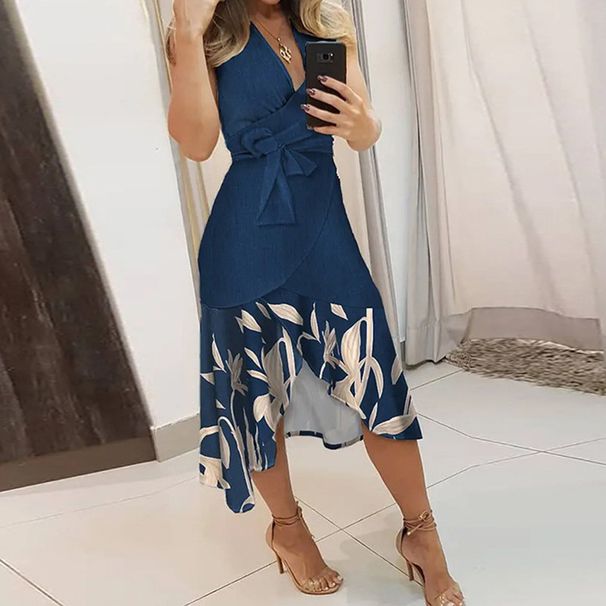Women's Clothing Elegant Printed V Neck Lace Up Floral Slim Fit Slit Dress_ecoleips.com