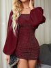 Women Sexy Square Neck Drawstring Ruched Slim Fit Glitter Shimmer Bodycon Party Dress_ecoleips.com