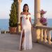 Women's Off-Shoulder Dress Solid Color Side Slit Waist Cinching Pleated Fit Elegant Mesh Patchwork With Metallic Embellishing_ecoleips.com
