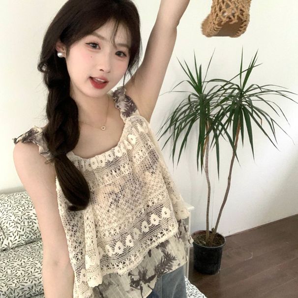 Lace Camisole Top, Gentle And Slimming, Korean Style, Hollow Crochet, Summer Loose Retro Sleeveless Tank Top For Women_ecoleips.com