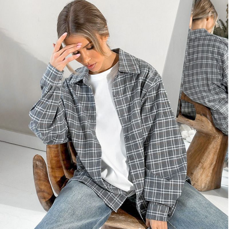 A Simple, Loose And Off-The-Beaten-Path Checkered Long-Sleeved Women's Shirt_ecoleips.com