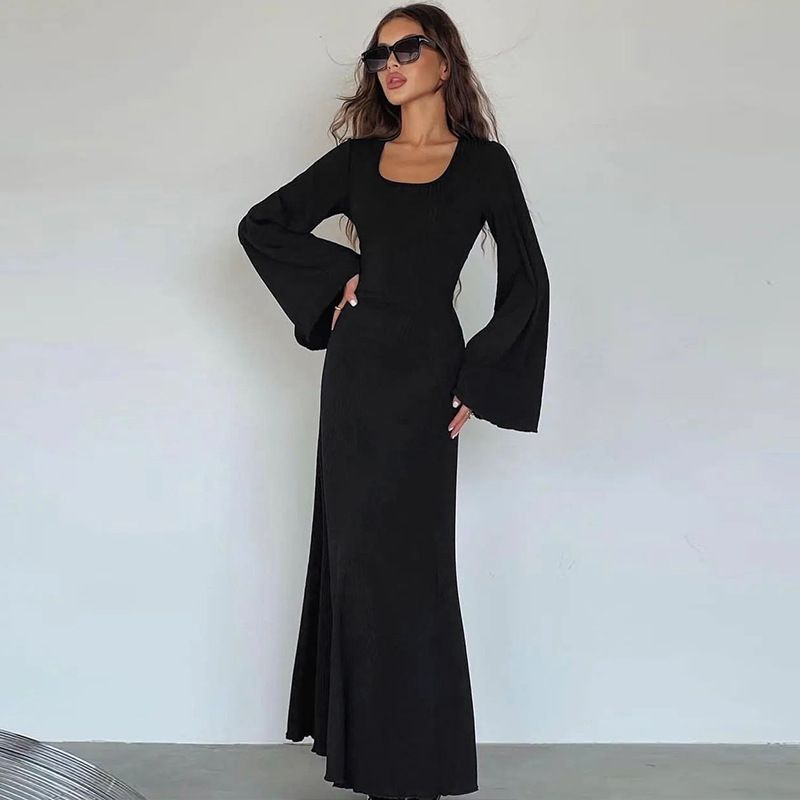 Long Flare Sleeved Maxi Floor-Length Dress Summer Solid Fashion Casual Office Lady Dresses For Women Slim Sexy Lace-up Vestidos_ecoleips.com