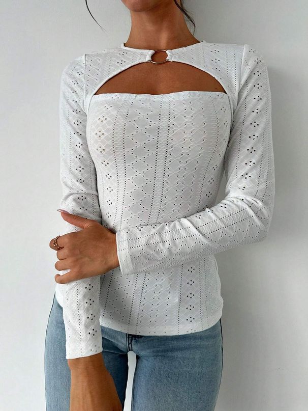 Voya Women's Clothing Simple And Elegant Style T-shirt For Spring And Summer Fashion Versatile Commuting Lace Hollow Out Long Sleeved Top_ecoleips.com