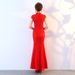 Elegant Chinese Qipao Dress With Peacock Pattern, Short Sleeve Lace Fishtail Hem, Slim-Fit Banquet & Wedding Reception Dress_ecoleips.com