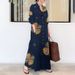 Muslim Dress Women Long Sleeve Printed Cotton Linen Shirt Dress With Turn-Down Collar & Side Pockets, Loose Fit Bohemian Maxi Dress_ecoleips.com