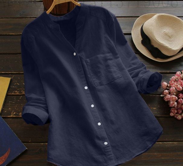 2022 Spring And Autumn New Cotton-Linen Buttoned V-Neck Long-Sleeve Shirt_ecoleips.com