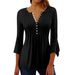 Women's Clothing New Solid Color Hollow V Neck Button Flared Three Quarter Sleeve Top_ecoleips.com