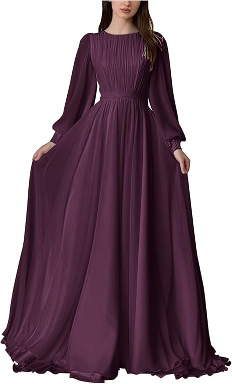 Women Fashion Round Neck Lantern Sleeves Pearlescent Yarn Multiple Colors Wedding Dress Elegant Party Prom Evening Formal Gown Dress_ecoleips.com