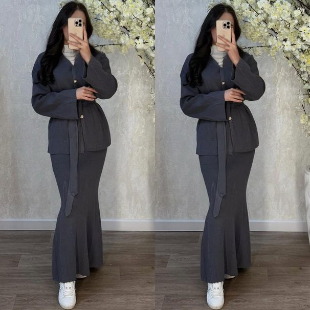 Elegant Mermaid Tail Dress For Women - Slim Fit Long Sleeve V-Neck Button-Down Bodycon Dress With Waist Tie_ecoleips.com