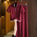 Summer Style Women's Two Piece Set Burgundy Short Sleeve T-Shirt And Flowy Casual Pants_ecoleips.com