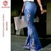 High-Waisted Retro Dark Blue Embroidered Flared Jeans Floor-Length Pants All Seasons Women's Cross-Border Style_ecoleips.com