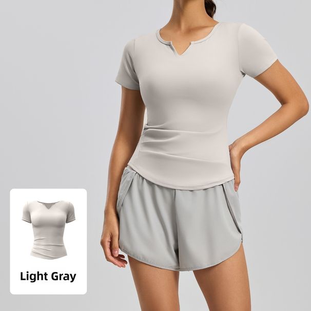Women's Quick Dry V Neck Yoga Top Short Sleeve Nude Fitness Sports Pleated Suitable For Running_ecoleips.com