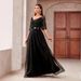 Cross-Border New Long Splicing Large Hem European And American V-Neck Evening 2025 Lace Off-Shoulder Princess Dress_ecoleips.com