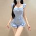 Women's Retro Plaid One Piece Swimsuit Halter Slimming Tummy Concealing Pure Alluring Style Swimwear_ecoleips.com