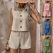 Women's Spring Summer Fashion Casual Solid Color Button down Sleeveless Vest And Shorts Set Resort Style Clothing_ecoleips.com
