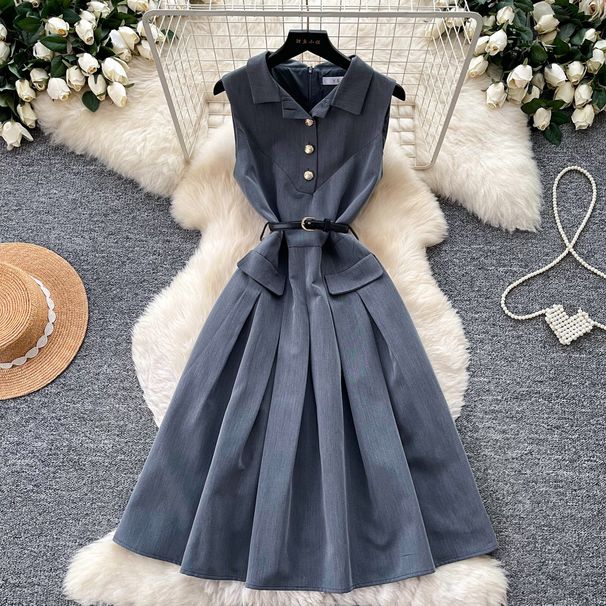 Salt Style Women's Sleeveless Collared Dress Slimming Waist Cinching Pleated Skirt Elegant Fitted Summer Outfit for Commuting_ecoleips.com