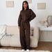 Casual Sports Women's Suit Solid Color Long Sleeve Button Lapel Pullover Sweater Lace-Up Pants Two-piece Set_ecoleips.com