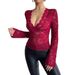 2026 Spring New Women's Solid Color Sexy Lace Slim V-Neck Long Sleeve T-Shirt Top_ecoleips.com