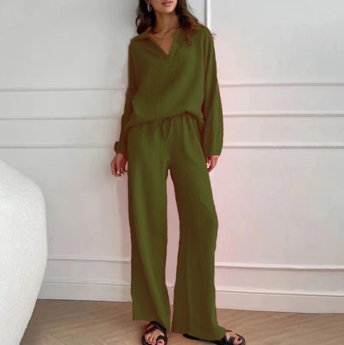 Women's Clothing Cotton And Linen Suit Cardigan Long Sleeved Top Pocket Wide Leg Trousers Two Piece Suit_ecoleips.com