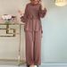 H730 Muslim Women's Solid Color Drawstring Tie Two-Piece Set Round Neck Top Wide-Leg Pants Elegant Ladies Suit_ecoleips.com