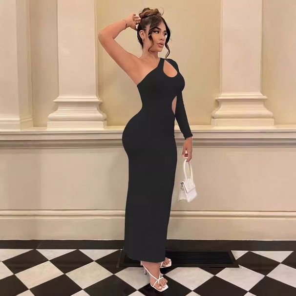 Women's Clothing One Shoulder Oblique Collar Long Sleeved Dress Autumn Women's Fashion Sexy Hollow Long Skirt_ecoleips.com