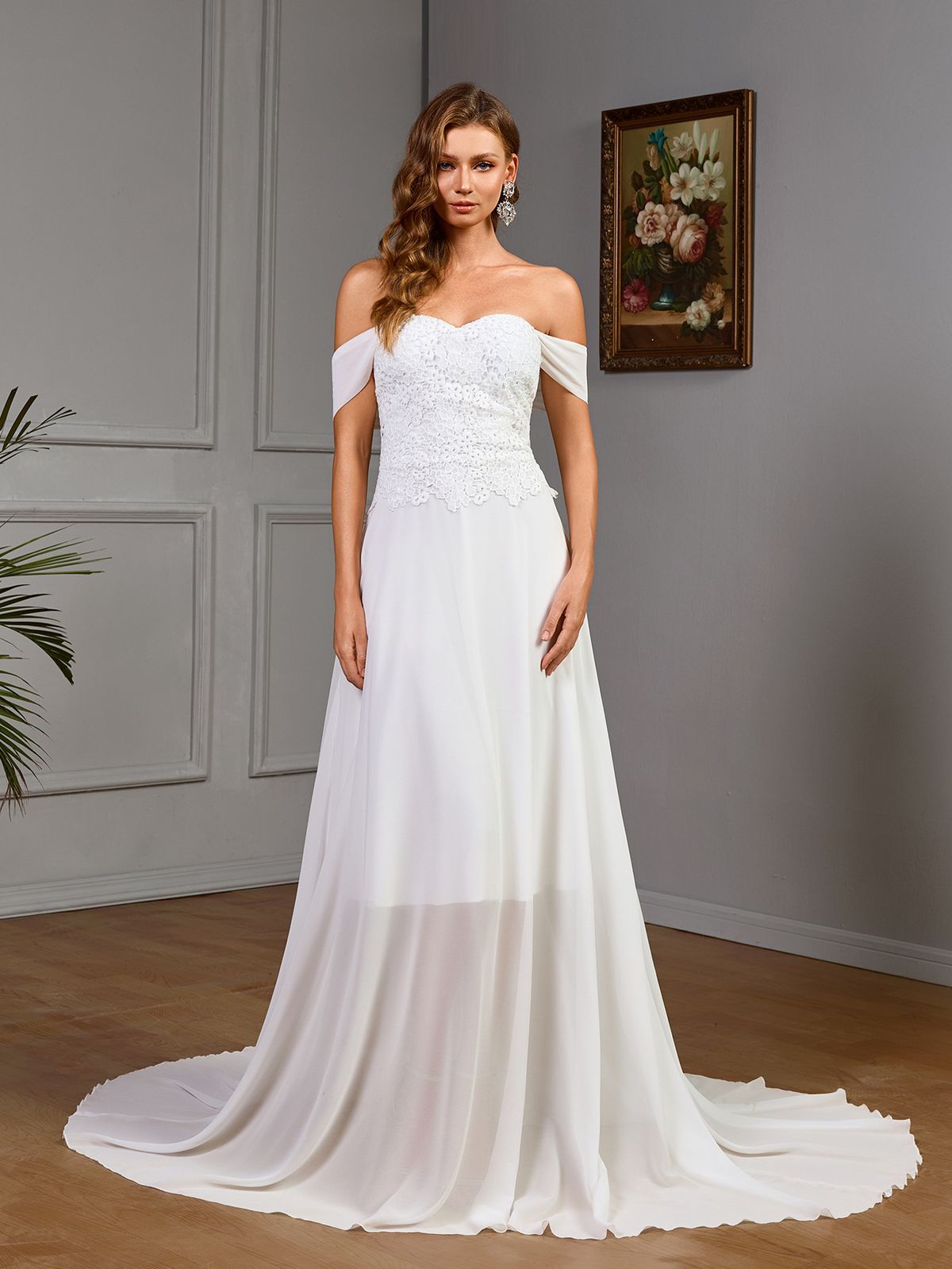 Women's Clothing Double Shoulder Lace Chiffon Splicing Wedding Dress_ecoleips.com