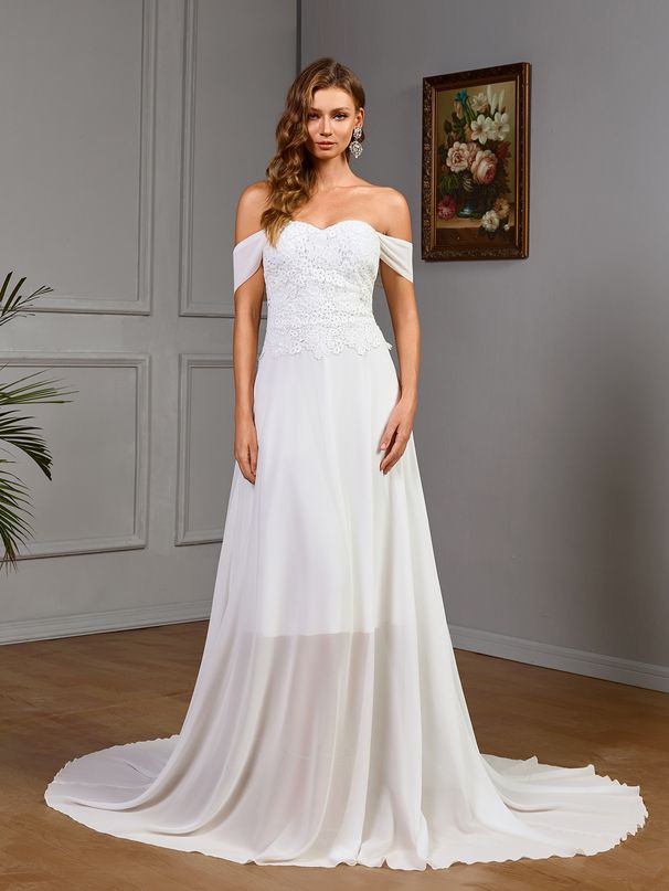 Women's Clothing Double Shoulder Lace Chiffon Splicing Wedding Dress_ecoleips.com