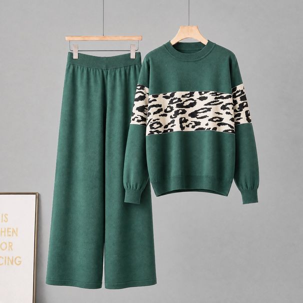 Women's Leopard Print Knit Two Piece Suit round Neck Long Sleeve Top with Casual Wide Leg Pants European American Style for Autumn Winter_ecoleips.com
