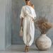 Women's Loose Fitting Wide Leg Casual Top And Lantern Pants Set American Style Spring Collection Cotton Linen Blend_ecoleips.com