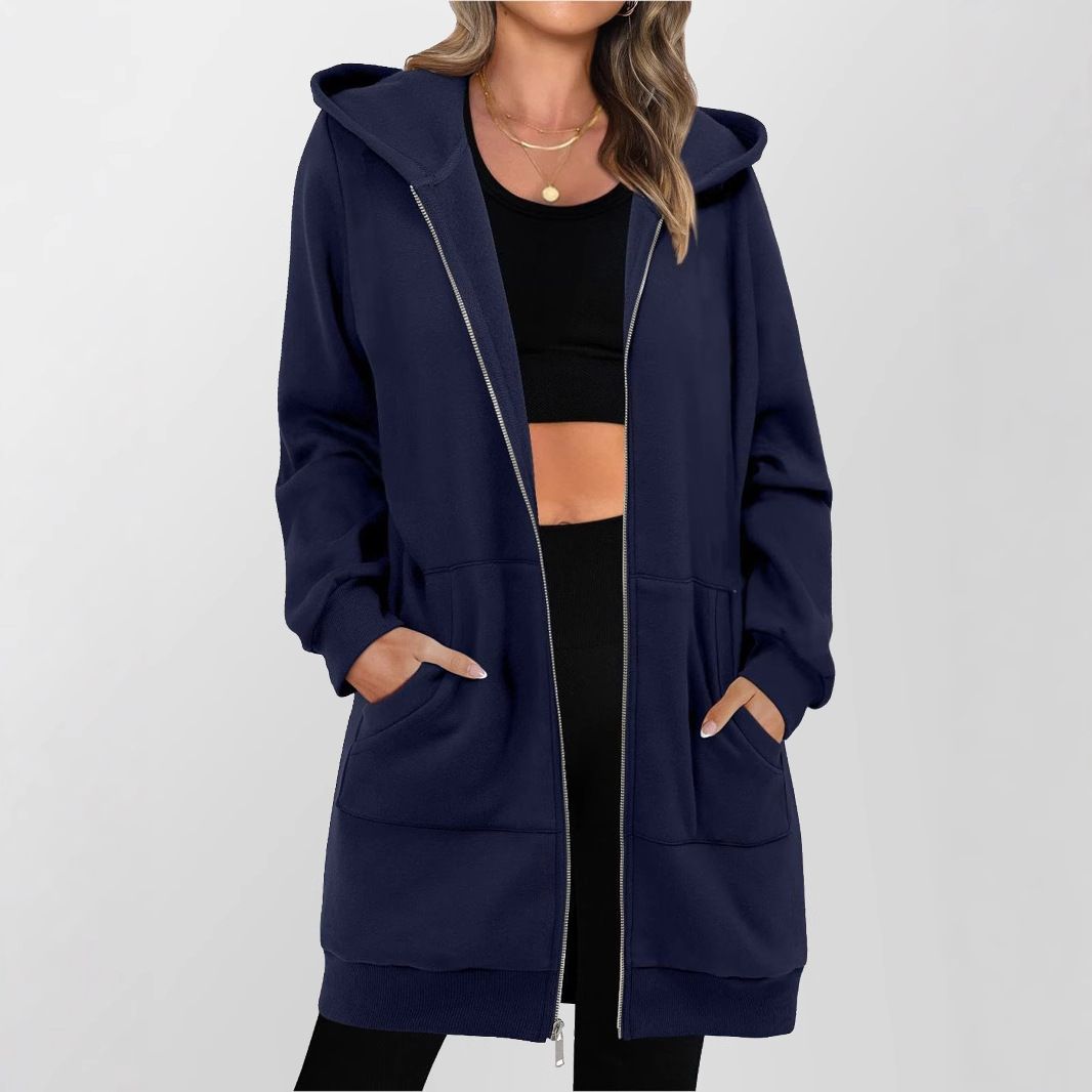 Mid-Length Zip-Up Hoodie – Women’s Fleece-Lined Winter Sweatshirt (Dark Blue/Light Gray/Dark Gray, XS-XXL)_ecoleips.com