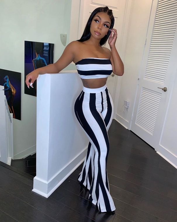 Women's Clothing Candy Color Bandeau Top And Flared Pants Striped Set Black White Stripes American Style Spring Autumn Summer_ecoleips.com