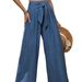 European And American Style Women's Solid Color High Waist Wide Leg Pants Casual Tie Waist Vacation Trousers_ecoleips.com
