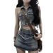 Hot Girl Street Sleeveless Short American Style Tank Top + High Waist Denim Skirt Two-Piece Set_ecoleips.com